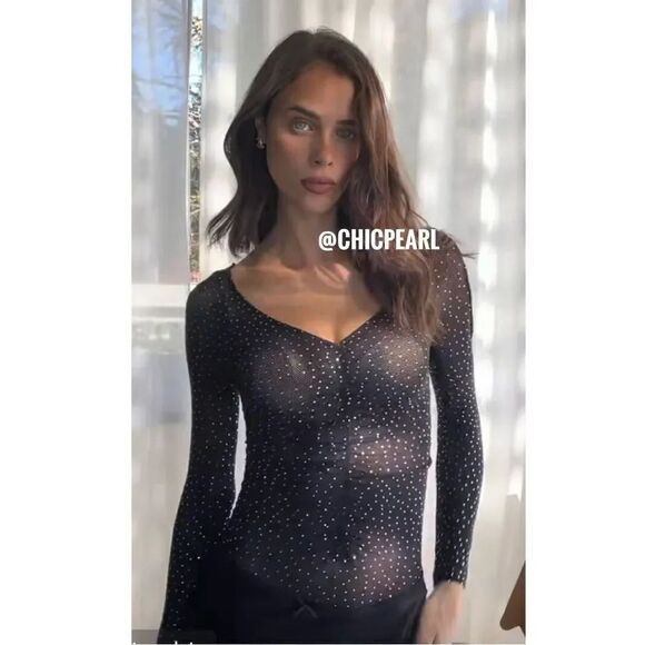 ZARA BLACK MESH SEAMLESS BODYSUIT WITH RHINESTONES - Picture 2 of 9